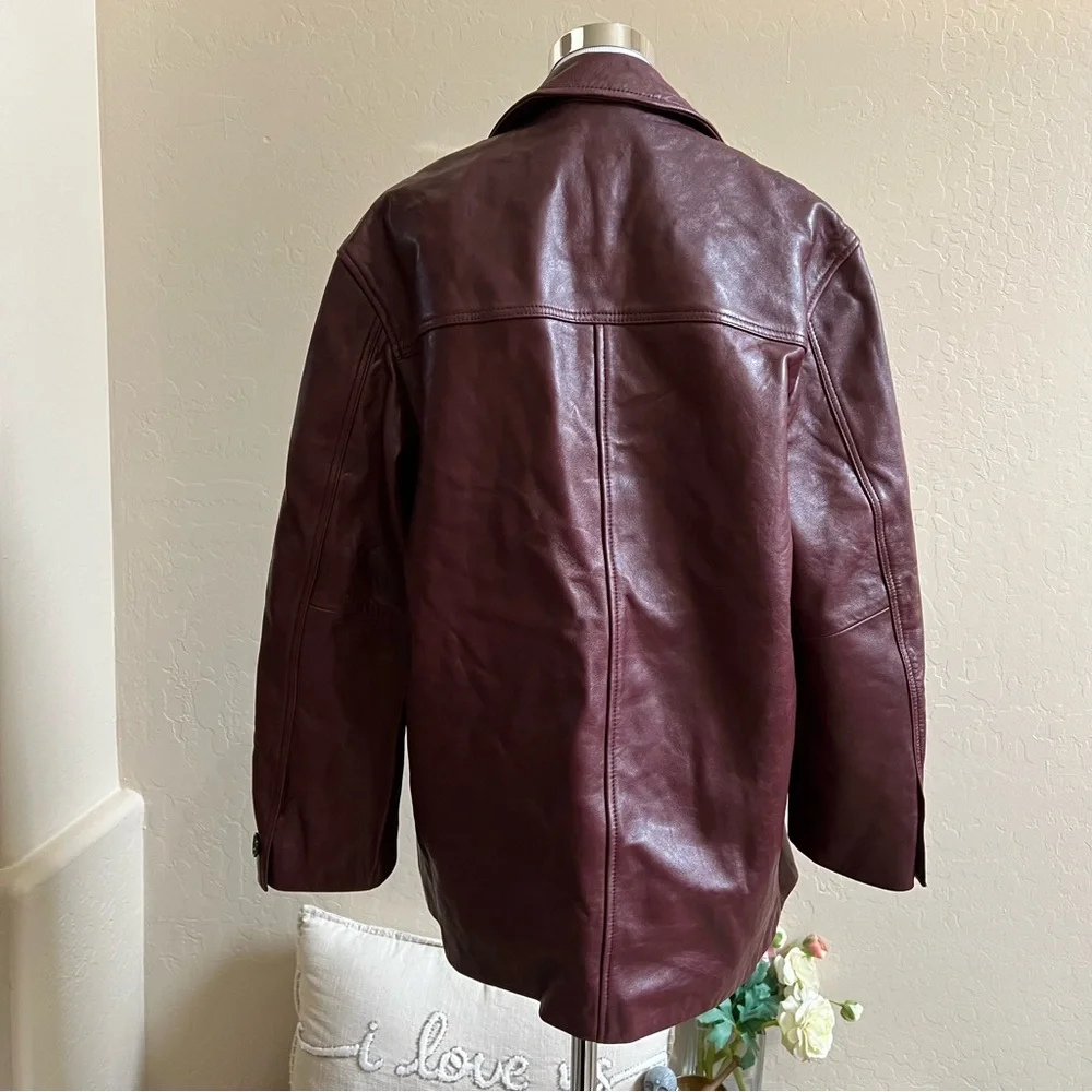ZARA $349 100% Sheep Leather Burgundy Button Down Womens Jacket M